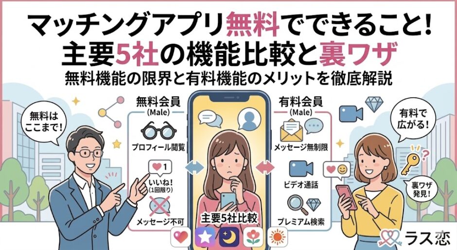 マッチングアプリの無料会員と有料会員の機能を比較する男女のイラスト（AI生成イメージ）