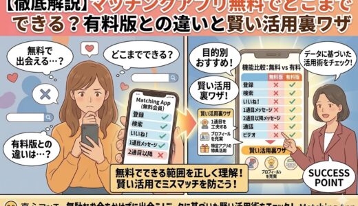 無料で出会える？マッチングアプリの主要機能比較図。登録・検索・いいね！などの無料範囲と、活用術をまとめた図解イラスト（AI生成イメージ）