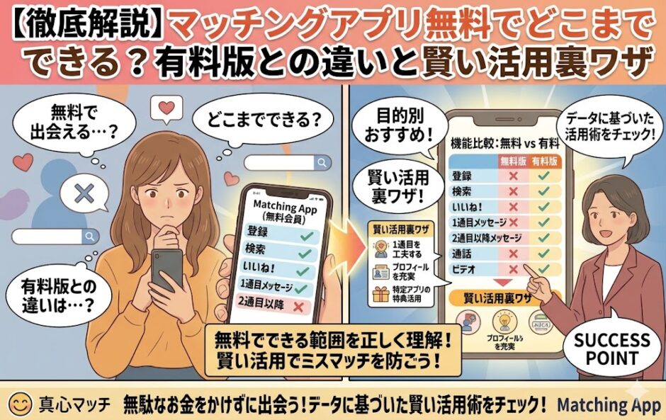 無料で出会える？マッチングアプリの主要機能比較図。登録・検索・いいね！などの無料範囲と、活用術をまとめた図解イラスト（AI生成イメージ）