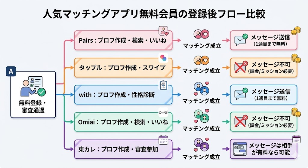 人気マッチングアプリ(Pairs、タップル、with、Omiai、東カレ)の無料会員登録後のフローを比較した図解(AI生成イメージ)