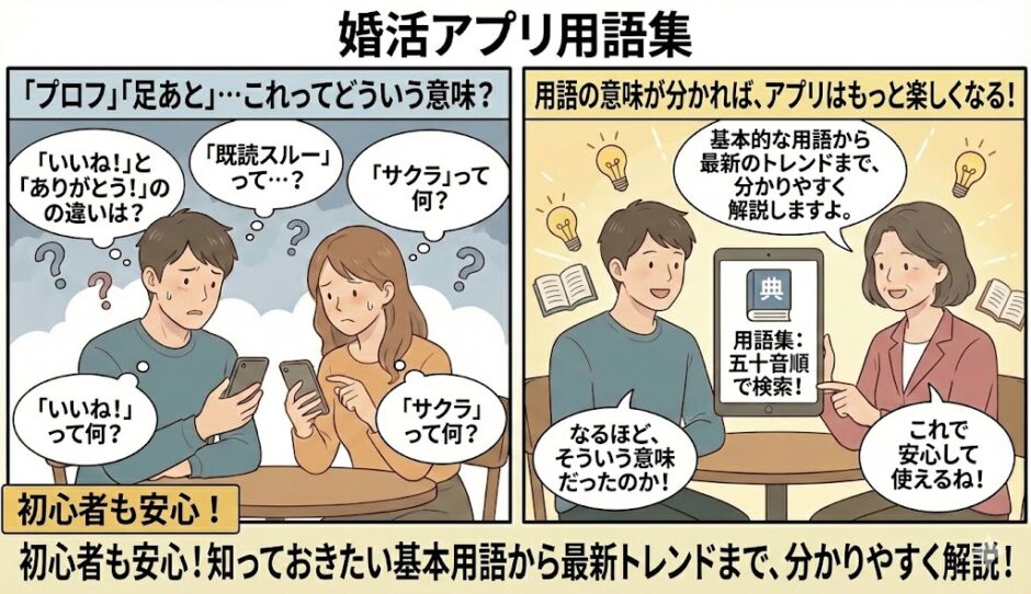 婚活アプリ特有の用語に戸惑う男女が、アドバイザーの解説を聞いて意味を理解し、納得している様子のイラスト（AI生成イメージ）