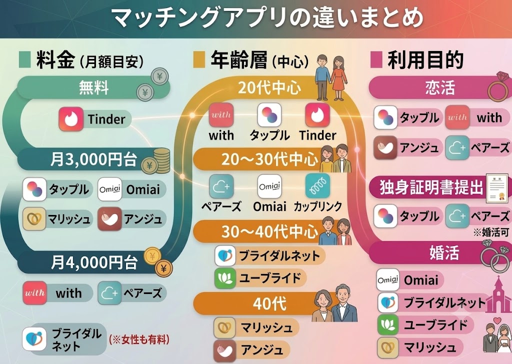 マッチングアプリガイド(料金・年齢層・目的別の比較表)(AI生成イメージ)