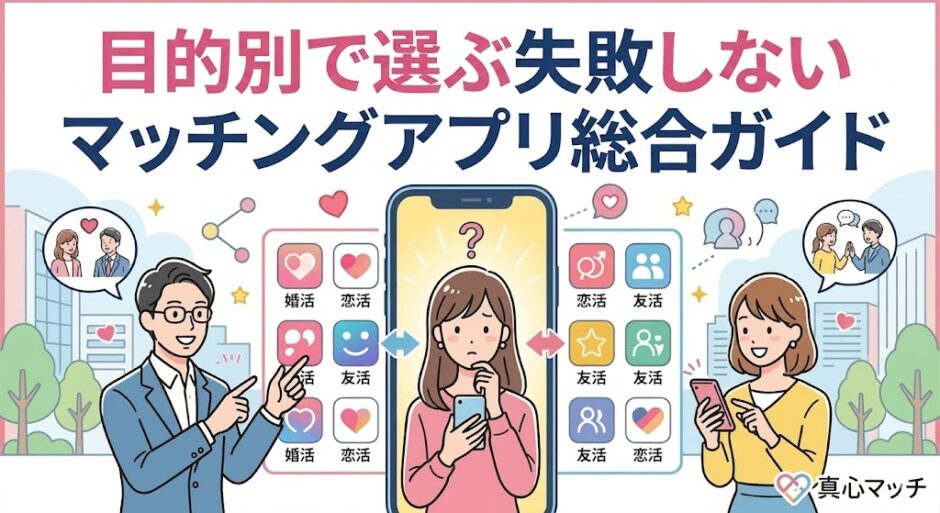 「目的別で選ぶ失敗しないマッチングアプリ総合ガイド」の文字と、アプリ選びを考える男女のイラスト（AI生成イメージ）