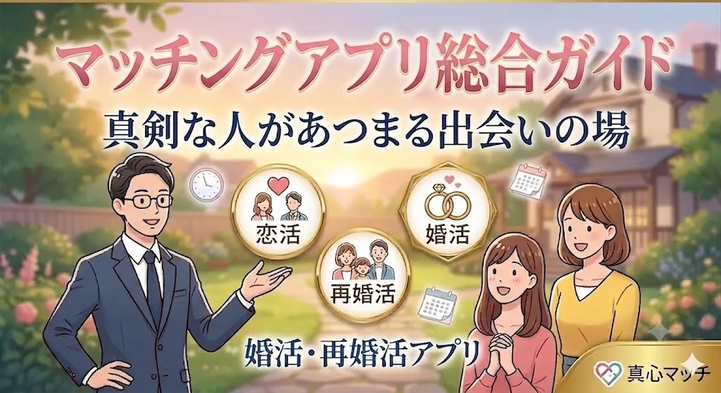 「真心マッチ」が提供する「マッチングアプリ総合ガイド」のバナー。婚活、再婚活を目的とした男女のイラスト。（AI生成イメージ）