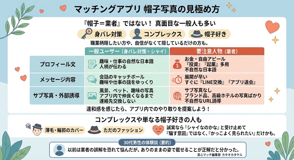 マッチングアプリで帽子の写真が業者か、身バレ対策の一般人かを見極めるチェックリスト(AI生成イメージ)