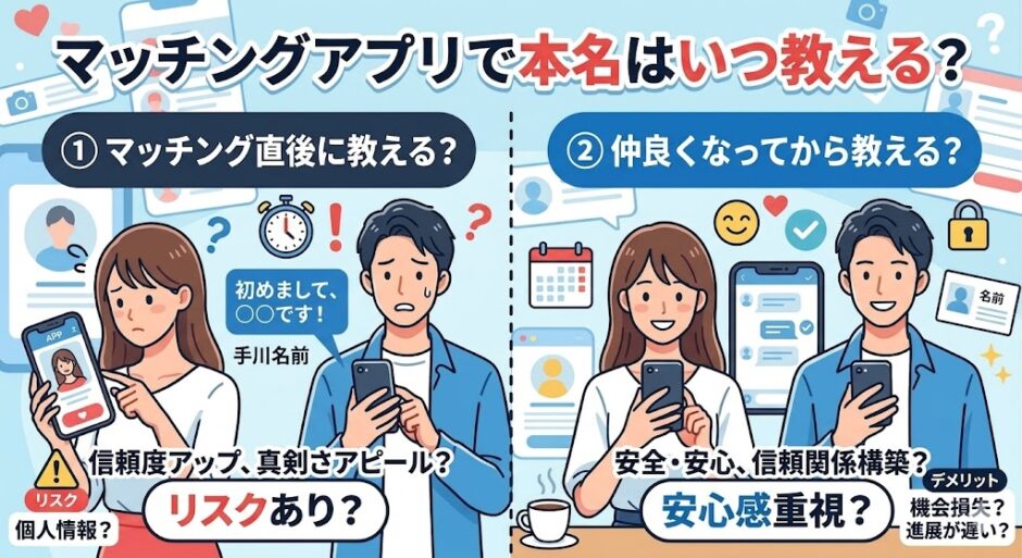 マッチングアプリで本名を教えるタイミングを比較したアイキャッチ画像（AI生成イメージ）