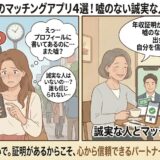 年収証明があるマッチングアプリのメリットを解説するアイキャッチ画像。左側には年収詐称に悩む女性、右側には年収証明済みのアプリで誠実な男性とマッチングし笑顔になる女性と、それを励ます年輩女性が描かれています。（AI生成イメージ）