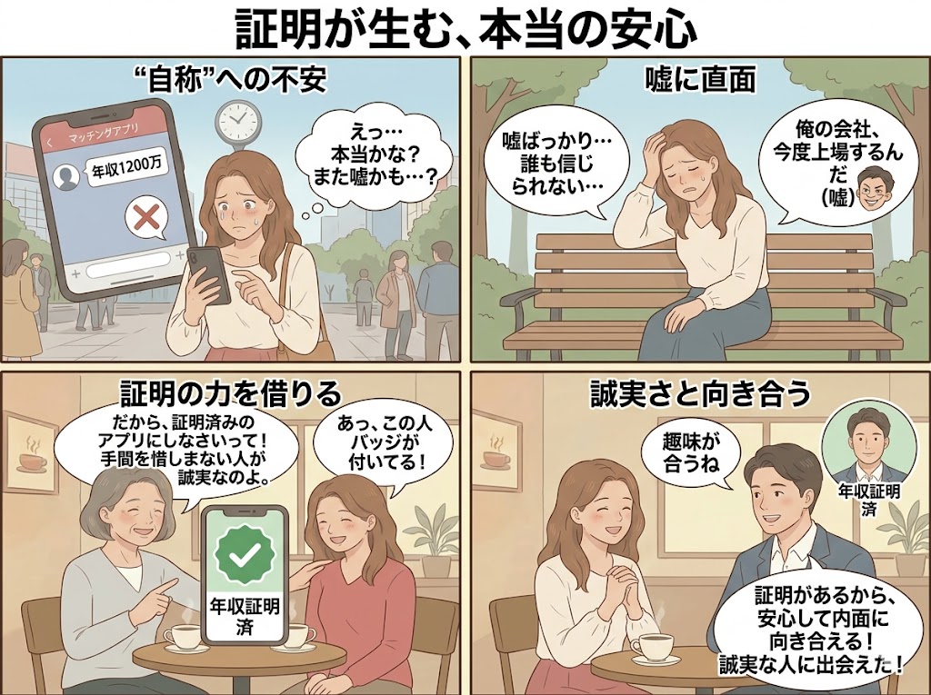 やわらかいタッチの4コマ漫画「証明が生む、本当の安心」。マッチングアプリの年収詐称に悩み、「誰も信じられない」と泣く女性が、年輩女性の勧めで公的な「年収証明済」バッジがあるアプリを利用。手間を惜しまない誠実な男性と出会い、安心して内面に向き合い笑顔になるまでのストーリー。（AI生成イメージ）