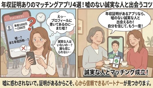 年収証明があるマッチングアプリのメリットを解説するアイキャッチ画像。左側には年収詐称に悩む女性、右側には年収証明済みのアプリで誠実な男性とマッチングし笑顔になる女性と、それを励ます年輩女性が描かれています。（AI生成イメージ）