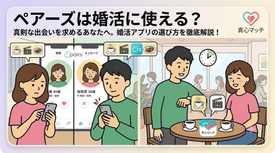 ペアーズのような一般的なマッチングアプリと、特定のキュレーション型マッチングサービス「真心マッチ」を比較する分割パネルのアニメ風インフォグラフィック（AI生成イメージ）