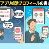 「マッチングアプリ婚活プロフィールの書き方決定版」というタイトルの2コマ漫画。左側ではマッチングアプリ「with」の心理テストで相性が最高だったにもかかわらず、メッセージが盛り上がらず、会えないと悩む男性。右側では心理テストだけでなく、行動データや具体的な希望条件も活用してマッチングアプリを選ぶようアドバイスする女性と、納得する男性が描かれている。（AI生成イメージ）