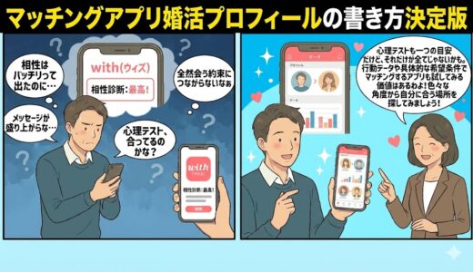 「マッチングアプリ婚活プロフィールの書き方決定版」というタイトルの2コマ漫画。左側ではマッチングアプリ「with」の心理テストで相性が最高だったにもかかわらず、メッセージが盛り上がらず、会えないと悩む男性。右側では心理テストだけでなく、行動データや具体的な希望条件も活用してマッチングアプリを選ぶようアドバイスする女性と、納得する男性が描かれている。（AI生成イメージ）