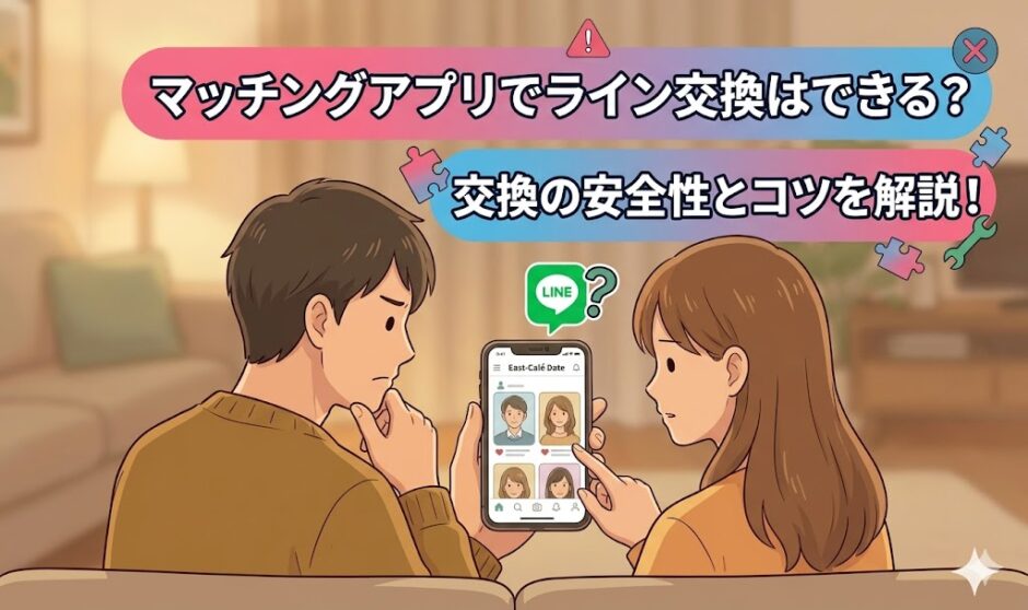マッチングアプリでLINE（ライン）交換はできるのか、安全性とコツを解説するアイキャッチ画像（AI生成イメージ）