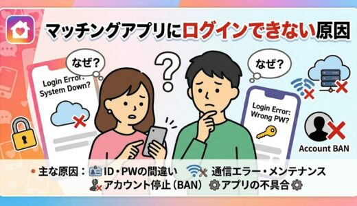 「マッチングアプリにログインできない原因」というタイトルの記事アイキャッチ。スマホのログインエラー画面を前に、「なぜ？」と困惑する男女のイラスト（AI生成イメージ）