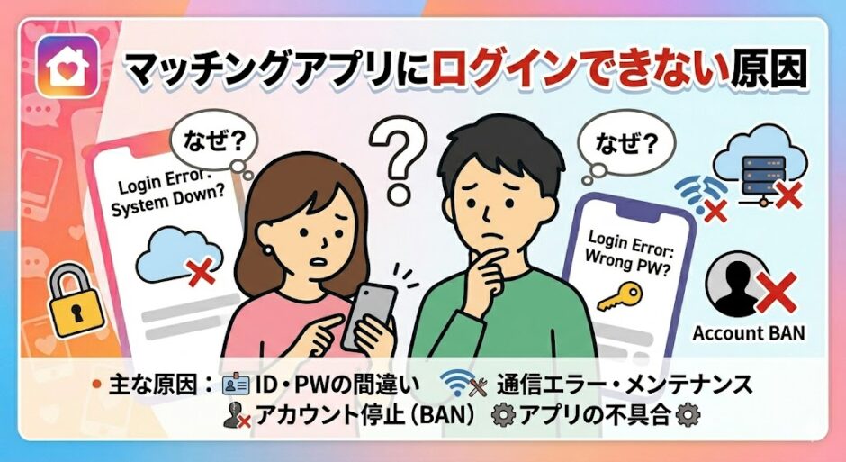 「マッチングアプリにログインできない原因」というタイトルの記事アイキャッチ。スマホのログインエラー画面を前に、「なぜ？」と困惑する男女のイラスト（AI生成イメージ）