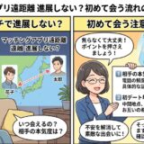 マッチングアプリの遠距離恋愛で悩む女性が運営者からのアドバイスを受ける2コマ漫画アイキャッチ（AI生成イメージ）