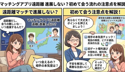 マッチングアプリの遠距離恋愛で悩む女性が運営者からのアドバイスを受ける2コマ漫画アイキャッチ（AI生成イメージ）