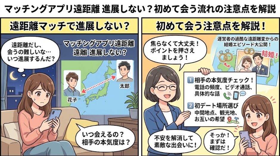 マッチングアプリの遠距離恋愛で悩む女性が運営者からのアドバイスを受ける2コマ漫画アイキャッチ（AI生成イメージ）