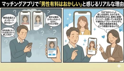 マッチングアプリの男性有料制度について悩む男性と、その理由を解説する女性が描かれた、2コマ漫画風のアイキャッチ画像（AI生成イメージ）