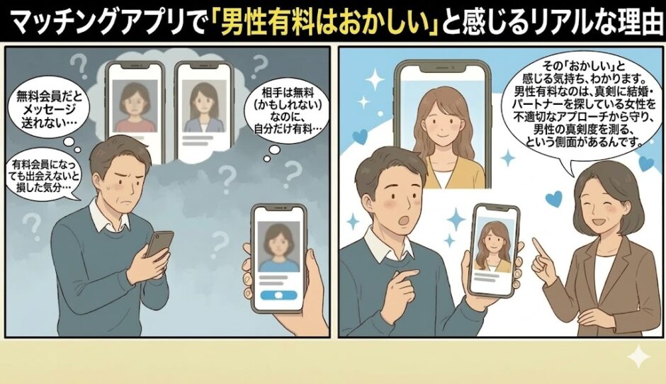 マッチングアプリの男性有料制度について悩む男性と、その理由を解説する女性が描かれた、2コマ漫画風のアイキャッチ画像（AI生成イメージ）