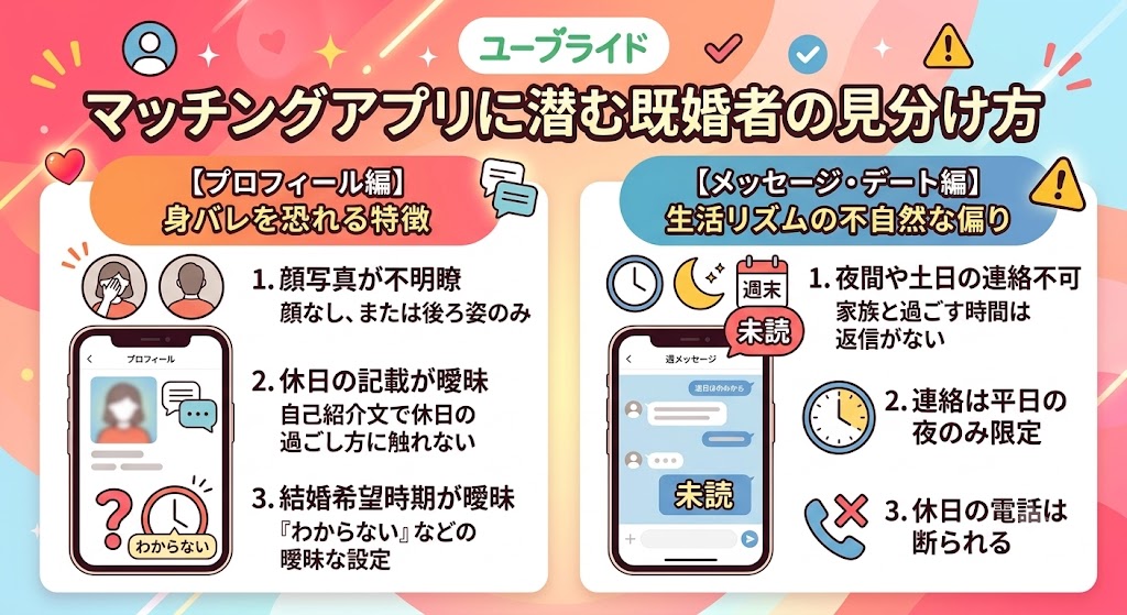 マッチングアプリに潜む既婚者の行動と見分け方を解説したインフォグラフィック（AI生成イメージ）