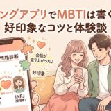マッチングアプリとMBTI性格診断の結果を見せ合って会話を楽しむ男女のイラスト（AI生成イメージ）