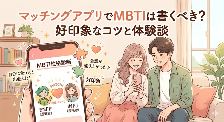 マッチングアプリとMBTI性格診断の結果を見せ合って会話を楽しむ男女のイラスト（AI生成イメージ）