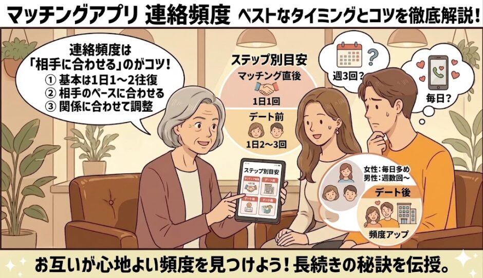 マッチングアプリの適切な連絡頻度とコツを解説しているイラスト（AI生成イメージ）