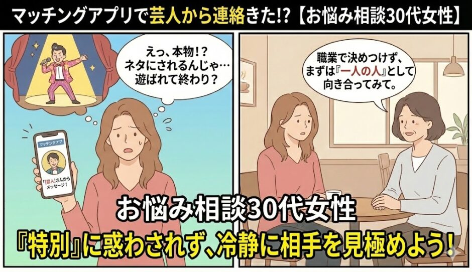 マッチングアプリで芸人から連絡が来て本物か疑う30代女性の相談イラスト【2コマ漫画アイキャッチ】（AI生成イメージ）