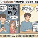 マッチングアプリで失礼な質問をしてしまい会話が終了した男性と、NG質問の言い換えを学ぶ様子のイラスト（AI生成イメージ）
