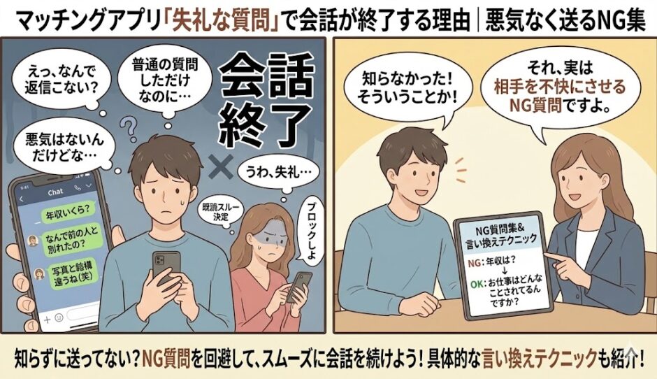 マッチングアプリで失礼な質問をしてしまい会話が終了した男性と、NG質問の言い換えを学ぶ様子のイラスト（AI生成イメージ）