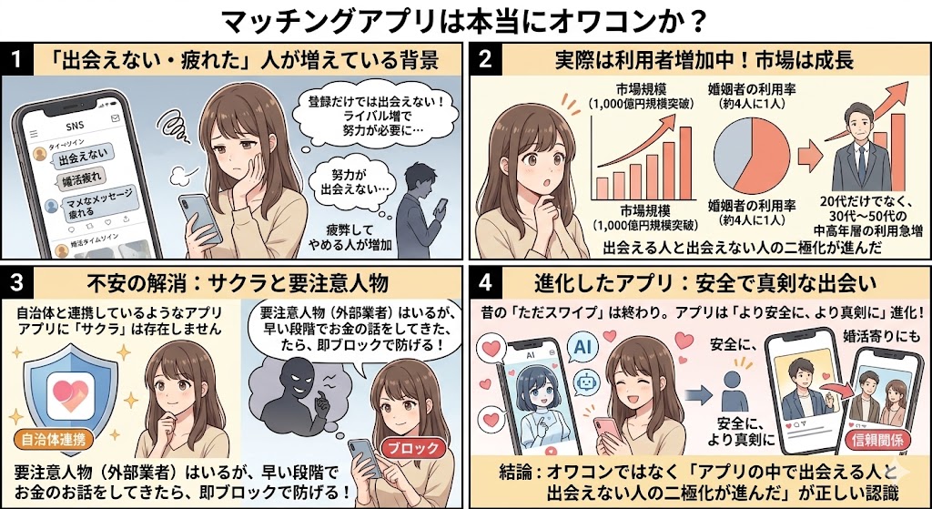 「マッチングアプリは本当にオワコンか?」をテーマに、婚活疲れの背景や市場の成長、サクラ対策、アプリの進化を解説した4コマ漫画(AI生成イメージ)