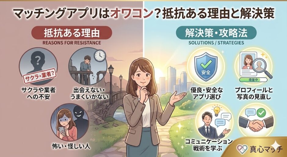 マッチングアプリへの抵抗感や「オワコン」と言われる理由、そしてその解決策（アプリ選びやプロフィール改善）を解説する記事のアイキャッチ画像（AI生成イメージ）