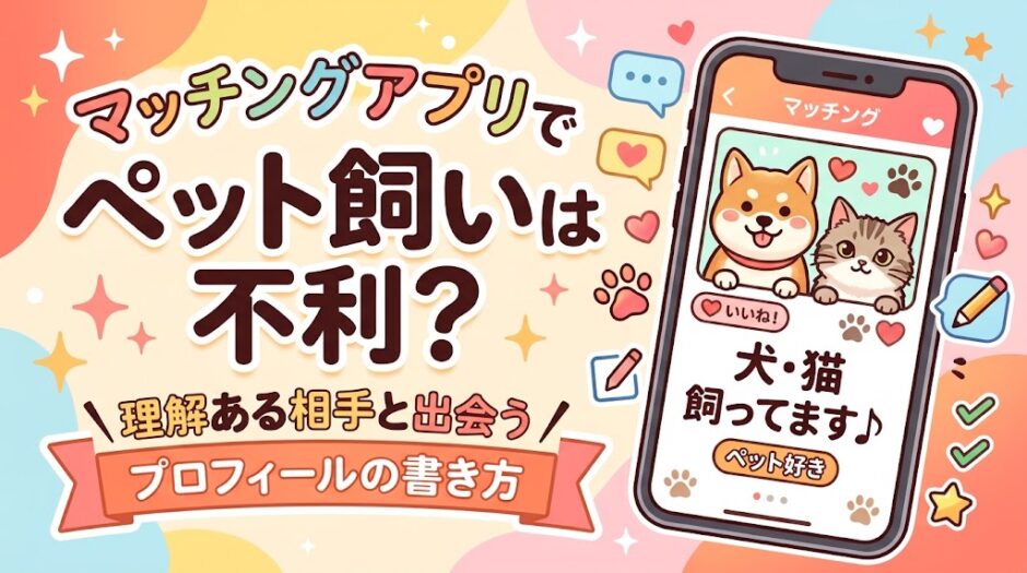 スマホの画面に犬と猫が描かれた、「マッチングアプリでペット飼いは不利？理解ある相手と出会うプロフィールの書き方」の記事アイキャッチ画像（AI生成イメージ）