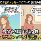 マッチングアプリで知り合った相手への断り方や別れのメッセージの内容に悩む20代女性の相談イラスト【2コマ漫画アイキャッチ】（AI生成イメージ）