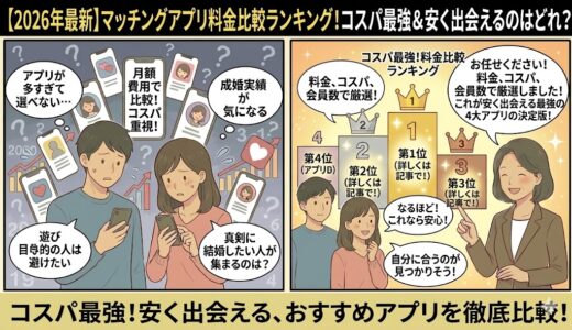 マッチングアプリの料金比較ランキングを解説する漫画風イラスト。コスパ重視でアプリ選びに悩む男女に対し、アドバイザーが安く出会える4大アプリを解説したアイキャッチ画像（AI生成イメージ）