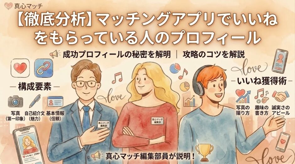 【徹底分析】マッチングアプリでいいねをもらうプロフィールの構成要素と獲得術を解説するアイキャッチ画像。真心マッチ編集部員が写真、自己紹介、基本情報、趣味の書き方などのコツを紹介。
