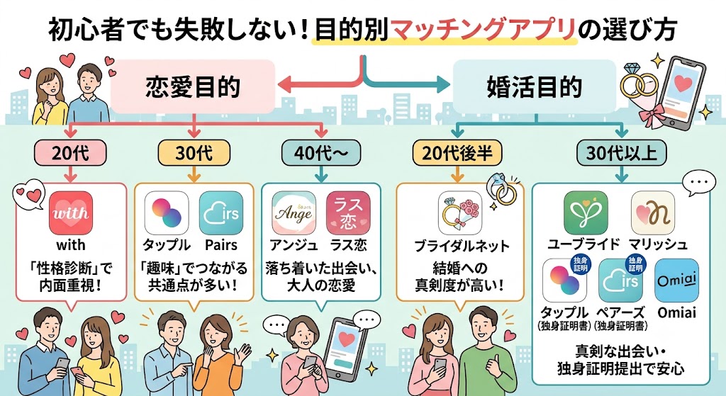 目的・年代別マッチングアプリ選びのフローチャート（恋愛・婚活）