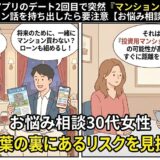 マッチングアプリの2回目のデートで突然マンション購入やローンを持ちかけられた30代女性の相談イラスト【2コマ漫画アイキャッチ】（AI生成イメージ）