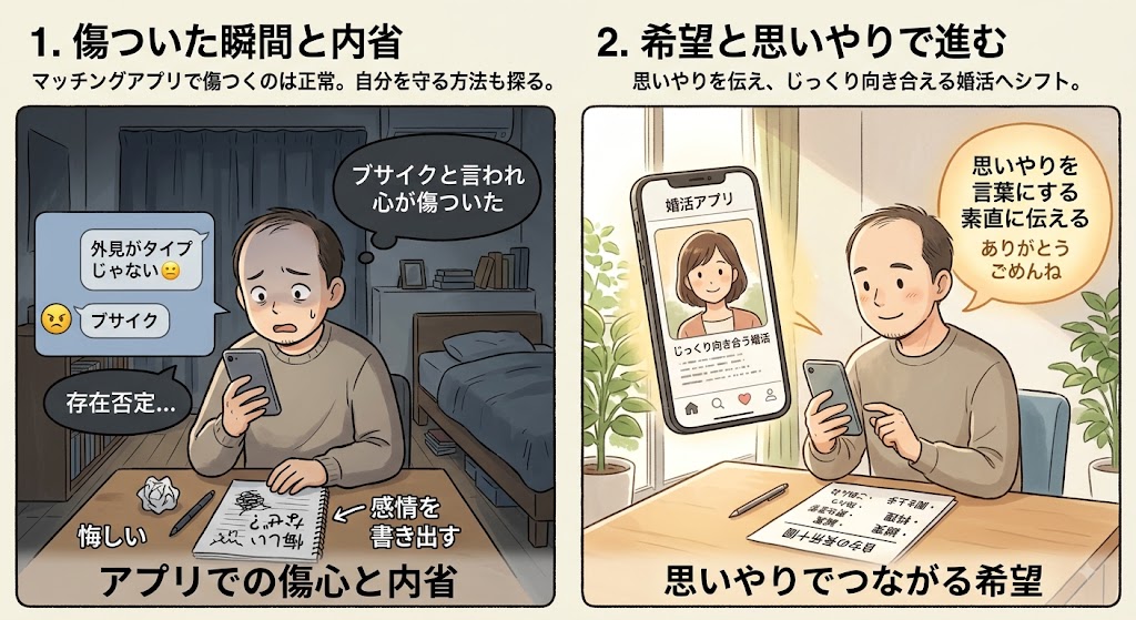 マッチングアプリで容姿否定され傷ついた男性が、感情整理と自己肯定感の回復を経て、内面を重視する婚活アプリで希望を見出す2コマ漫画図解（AI生成イメージ）