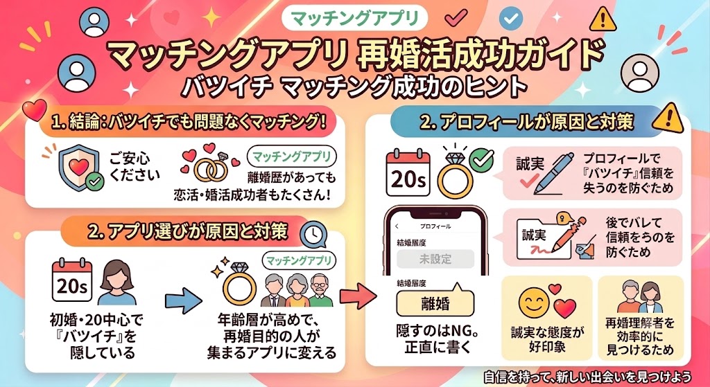 再婚希望者（バツイチ、離婚歴あり）のマッチングアプリ成功ヒントを解説したインフォグラフィック（AI生成イメージ）