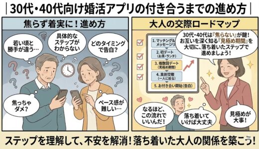 30代・40代向けの婚活アプリで「付き合うまでの進め方がわからない」「焦ってしまう」と悩む男女に対し、アドバイザーがマッチングから初デート、複数回デート、真剣交際、お付き合い開始までの5つのステップをロードマップ形式で解説しているイラスト（AI生成イメージ）