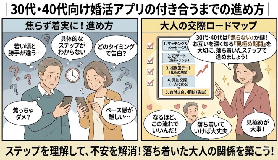 30代・40代向けの婚活アプリで「付き合うまでの進め方がわからない」「焦ってしまう」と悩む男女に対し、アドバイザーがマッチングから初デート、複数回デート、真剣交際、お付き合い開始までの5つのステップをロードマップ形式で解説しているイラスト（AI生成イメージ）