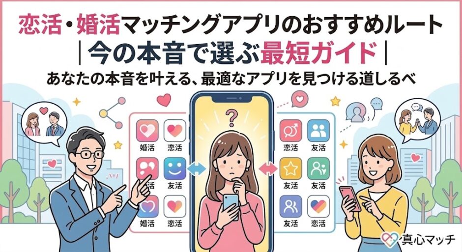 恋活・婚活マッチングアプリのおすすめルートを解説するイラスト。スマホ選びに悩む女性を男女のアドバイザーがサポートし、目的別に最適なアプリを提案している様子（AI生成イメージ）