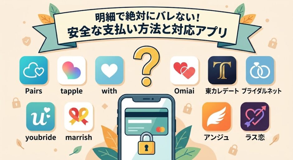 安全な支払い方法と、対応するマッチングアプリ一覧のイメージ画像（AI生成イメージ）