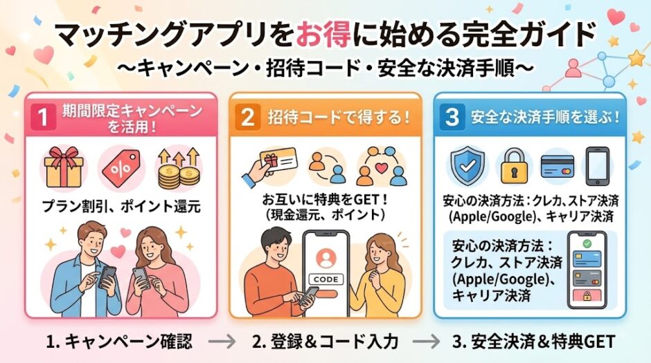 マッチングアプリをお得に始める完全ガイド。キャンペーン・招待コード・安全決済の図解インフォグラフィック（AI生成イメージ）