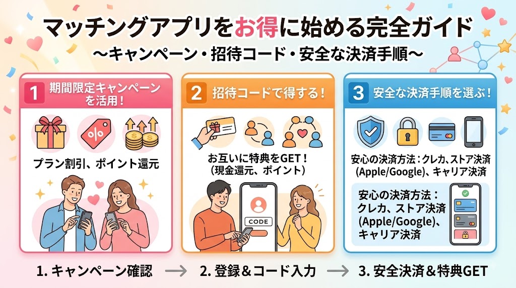マッチングアプリをお得に始める完全ガイド。キャンペーン・招待コード・安全決済の図解インフォグラフィック(AI生成イメージ)