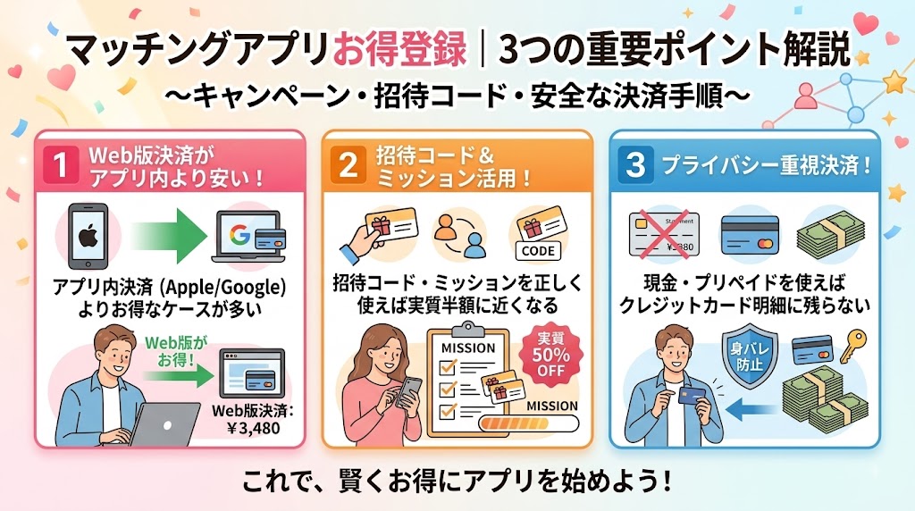 マッチングアプリのお得な登録方法を解説するインフォグラフィック(AI生成イメージ)