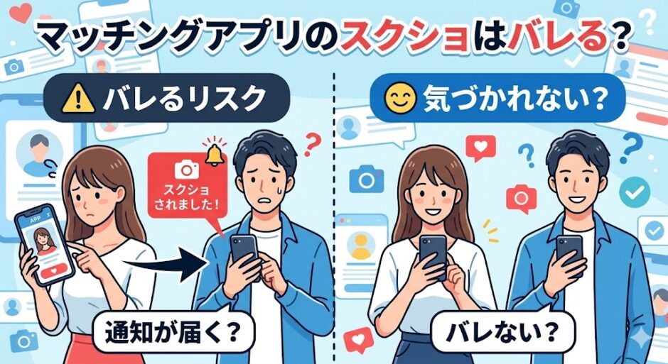 「マッチングアプリのスクショはバレる？」というタイトルのもと、相手に通知が届いてバレるリスクと、気づかれないケースを比較したイラスト（AI生成イメージ）