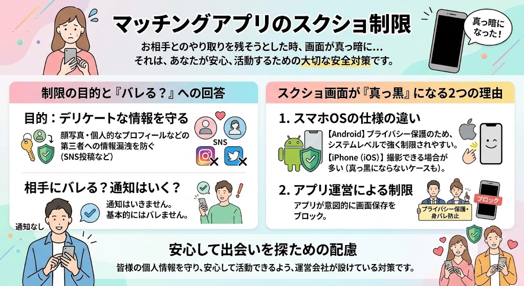 マッチングアプリのスクショ制限に関するインフォグラフィック（AI生成イメージ）